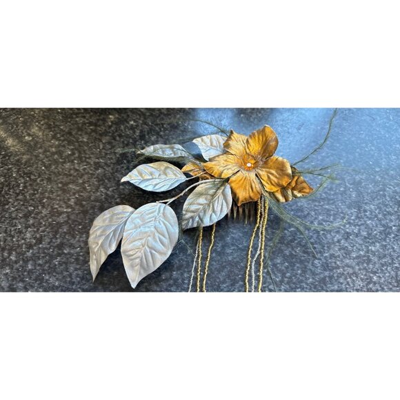 Vintage 1970\'s Handmade Hair Comb Faux Tortise Shell Gold Flower Silver Leaves main image 3